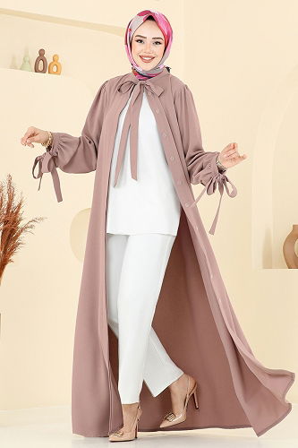 moda selvim Manşeti Bağcıklı Elbise Ferace 0039BG354 Koyu Vizyon - Thumbnail