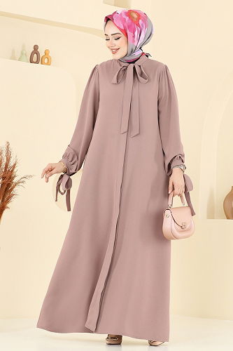 moda selvim Manşeti Bağcıklı Elbise Ferace 0039BG354 Koyu Vizyon - Thumbnail