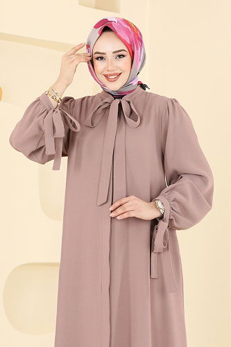 moda selvim Manşeti Bağcıklı Elbise Ferace 0039BG354 Koyu Vizyon - Thumbnail