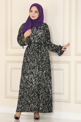 moda selvim Manşeti Bağcıklı Helen Elbise 108MRT754 Zebra - Thumbnail