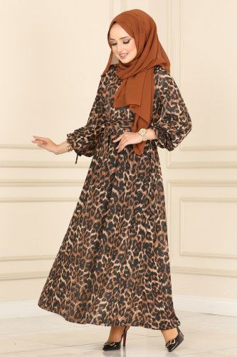 moda selvim Manşeti Bağcıklı Helen Elbise 2023PM271 Leopar - Thumbnail