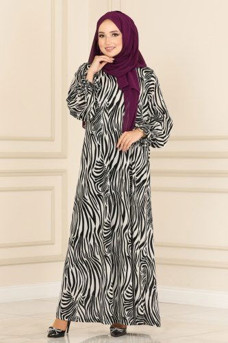 moda selvim Manşeti Bağcıklı Helen Elbise 2023PM271 Zebra - Thumbnail