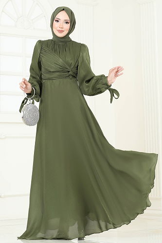 moda selvim Manşeti Bağcıklı Organze Abiye 6220BSK463 Haki - Thumbnail