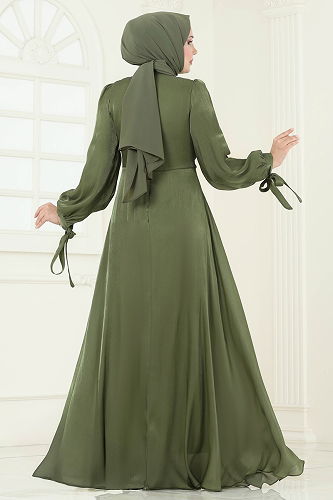 moda selvim Manşeti Bağcıklı Organze Abiye 6220BSK463 Haki - Thumbnail