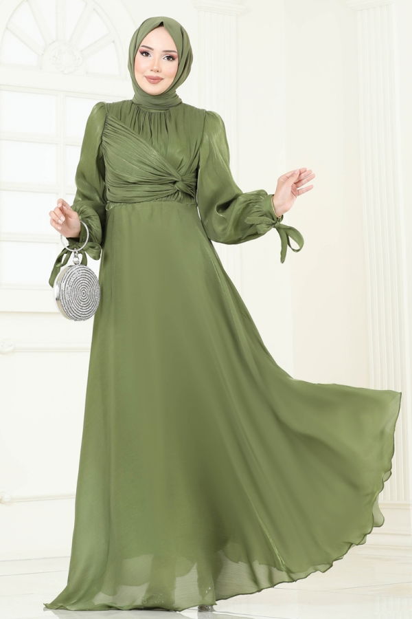 Modaselvim SEPETTE NET %20 + %10 İNDİRİM Manşeti Bağcıklı Organze Abiye 6220BSK463 Kına Yeşili