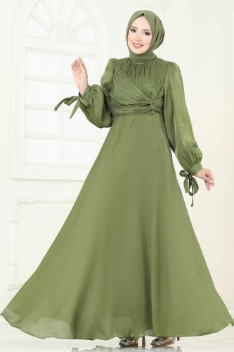 moda selvim Manşeti Bağcıklı Organze Abiye 6220BSK463 Kına Yeşili - Thumbnail