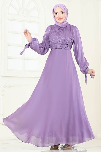 moda selvim Manşeti Bağcıklı Organze Abiye 6220BSK463 Lila - Thumbnail