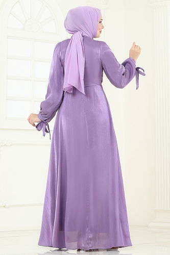 moda selvim Manşeti Bağcıklı Organze Abiye 6220BSK463 Lila - Thumbnail