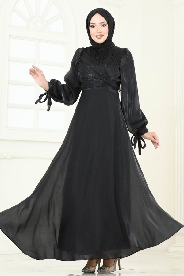 Manşeti Bağcıklı Organze Abiye 6220BSK463 Siyah - Moda Selvim