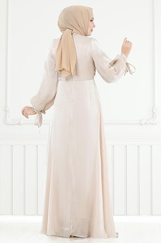 moda selvim Manşeti Bağcıklı Organze Abiye 6220BSK463 Taş - Thumbnail