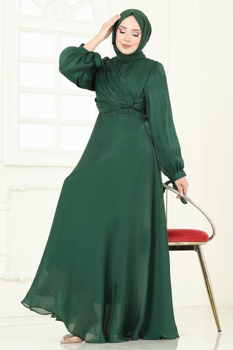 Manşeti Bağcıklı Organze Abiye 6220BSK463 Zümrüt