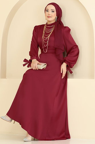 moda selvim Manşeti Bağcıklı Saten Abiye 5814EDFK1198 Bordo - Thumbnail
