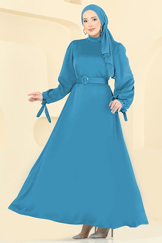 moda selvim Manşeti Bağcıklı Saten Abiye 5814EDFK1198 Mavi - Thumbnail