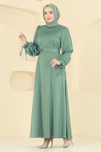 moda selvim Manşeti Bağcıklı Saten Abiye 5814EDFK1198 Mint - Thumbnail