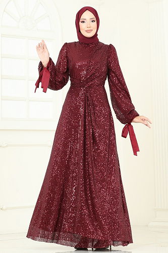 moda selvim Manşeti Bağcıklı Simli Abiye 5701EDF311 Bordo - Thumbnail