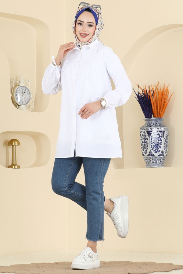 Modaselvim Bluz ve Gömlek Manşeti Bağcıklı Terikoton Gömlek 337ASN888 Ekru