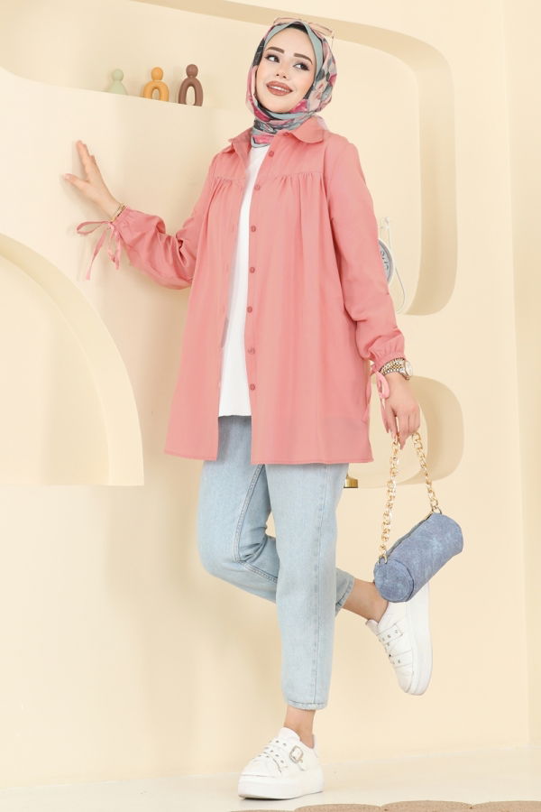 Modaselvim Bluz ve Gömlek Manşeti Bağcıklı Terikoton Gömlek 337ASN888 Gül Kurusu