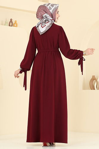 moda selvim Manşeti Bağcıklı Tesettür Elbise 7121BG354 Bordo - Thumbnail