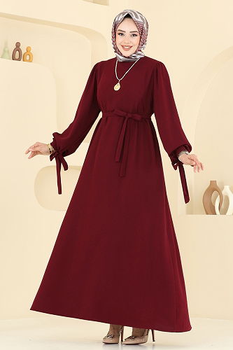 moda selvim Manşeti Bağcıklı Tesettür Elbise 7121BG354 Bordo - Thumbnail