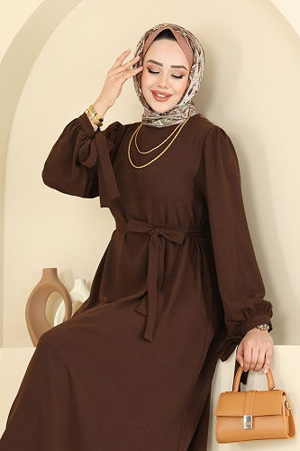 moda selvim Manşeti Bağcıklı Tesettür Elbise 7121BG354 Kahve - Thumbnail