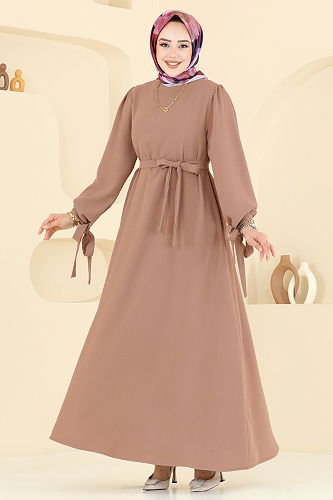 moda selvim Manşeti Bağcıklı Tesettür Elbise 7121BG354 Koyu Vizyon - Thumbnail