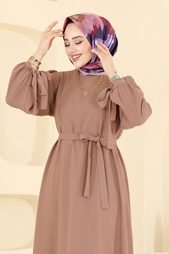 moda selvim Manşeti Bağcıklı Tesettür Elbise 7121BG354 Koyu Vizyon - Thumbnail