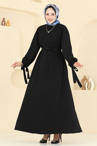 moda selvim Manşeti Bağcıklı Tesettür Elbise 7121BG354 Siyah - Thumbnail
