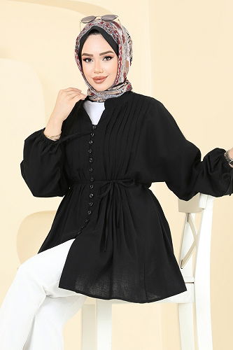 moda selvim Manşeti Bağcıklı Tunik 3058KTR750 Siyah - Thumbnail