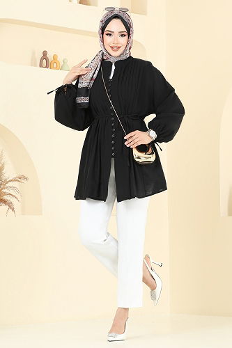 moda selvim Manşeti Bağcıklı Tunik 3058KTR750 Siyah - Thumbnail