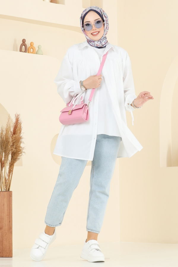 Modaselvim Tunik Manşeti Bağcıklı Tunik 4101PM271 Ekru