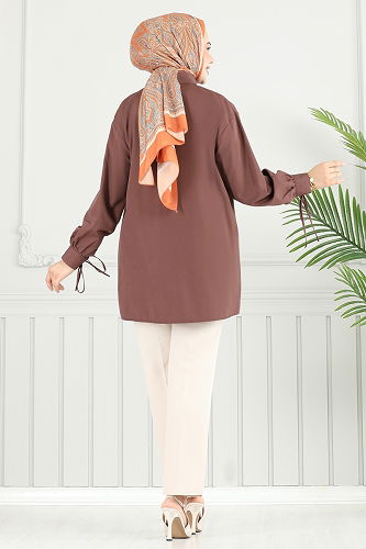 moda selvim Manşeti Bağcıklı Tunik 4101PM271 Kahve - Thumbnail