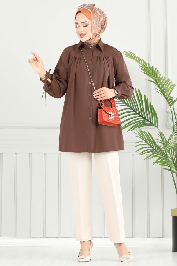 Modaselvim Tunik Manşeti Bağcıklı Tunik 4101PM271 Koyu Kahve