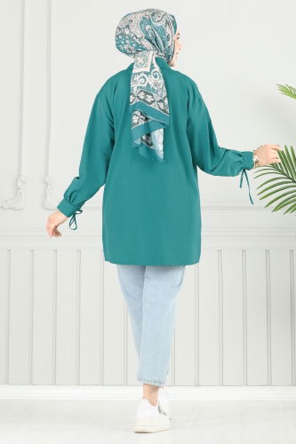 moda selvim Manşeti Bağcıklı Tunik 4101PM271 Petrol - Thumbnail