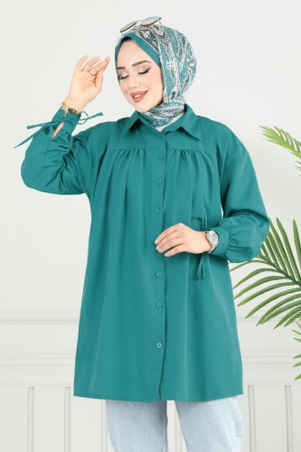 moda selvim Manşeti Bağcıklı Tunik 4101PM271 Petrol - Thumbnail