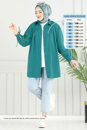 moda selvim Manşeti Bağcıklı Tunik 4101PM271 Petrol - Thumbnail