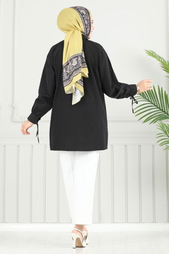 moda selvim Manşeti Bağcıklı Tunik 4101PM271 Siyah - Thumbnail