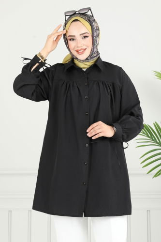 moda selvim Manşeti Bağcıklı Tunik 4101PM271 Siyah - Thumbnail