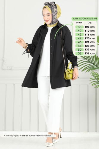moda selvim Manşeti Bağcıklı Tunik 4101PM271 Siyah - Thumbnail