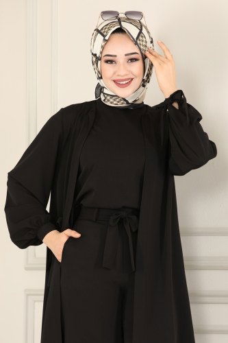 moda selvim Manşeti Bağcıklı Üçlü Takım 4178-1AH193 Siyah - Thumbnail