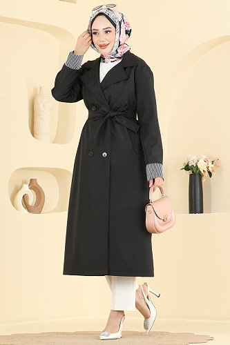 moda selvim Manşeti Çizgili Kemerli Trençkot 2638MSA980 Siyah - Thumbnail