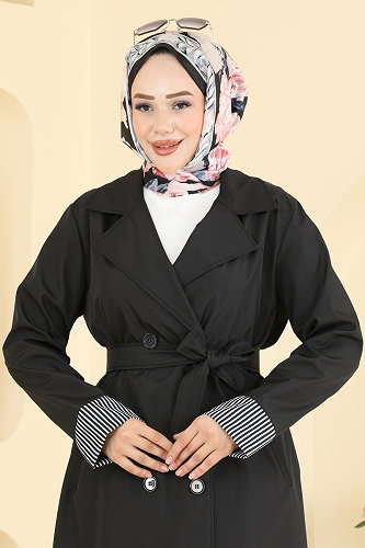 moda selvim Manşeti Çizgili Kemerli Trençkot 2638MSA980 Siyah - Thumbnail