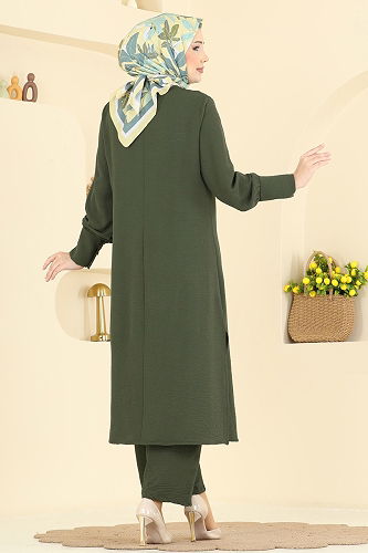 moda selvim Manşeti Düğmeli Aerobin Takım PL9207 Koyu Haki - Thumbnail