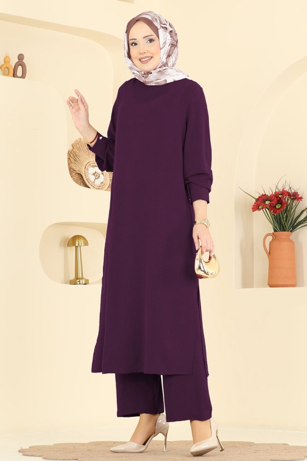 Modaselvim Kombin Manşeti Düğmeli Aerobin Takım PL9207 Mürdüm