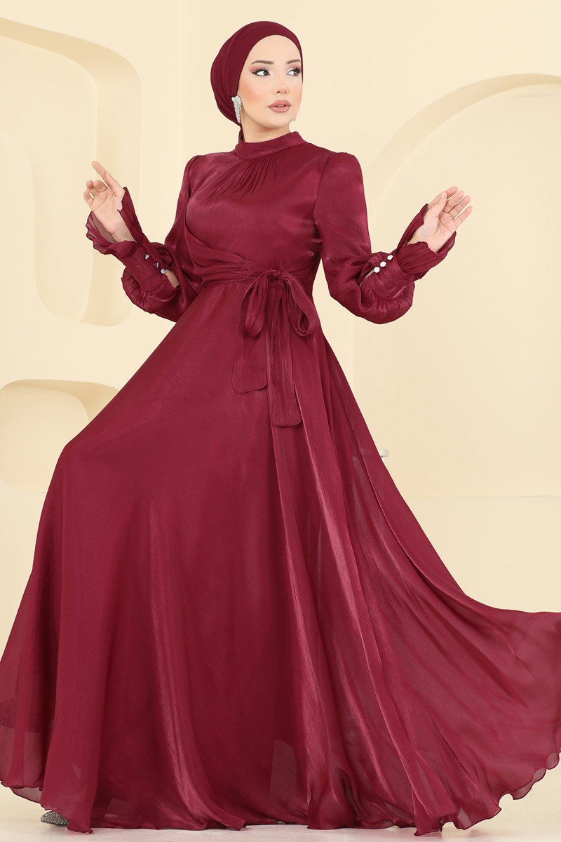 Manşeti Düğmeli Organze Abiye 2826ELC1143 Bordo