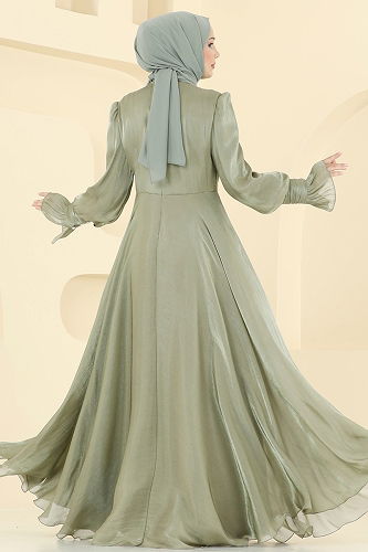 moda selvim Manşeti Düğmeli Organze Abiye 2826ELC1143 Çağla - Thumbnail