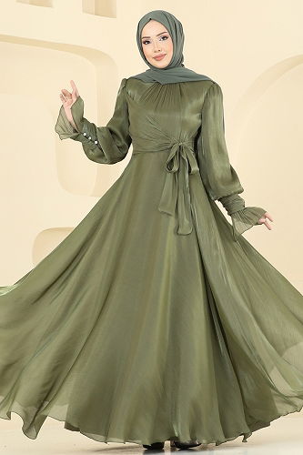 moda selvim Manşeti Düğmeli Organze Abiye 2826ELC1143 Haki - Thumbnail