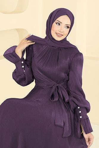 moda selvim Manşeti Düğmeli Organze Abiye 2826ELC1143 Mor - Thumbnail