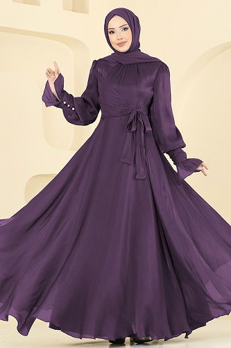 moda selvim Manşeti Düğmeli Organze Abiye 2826ELC1143 Mor - Thumbnail
