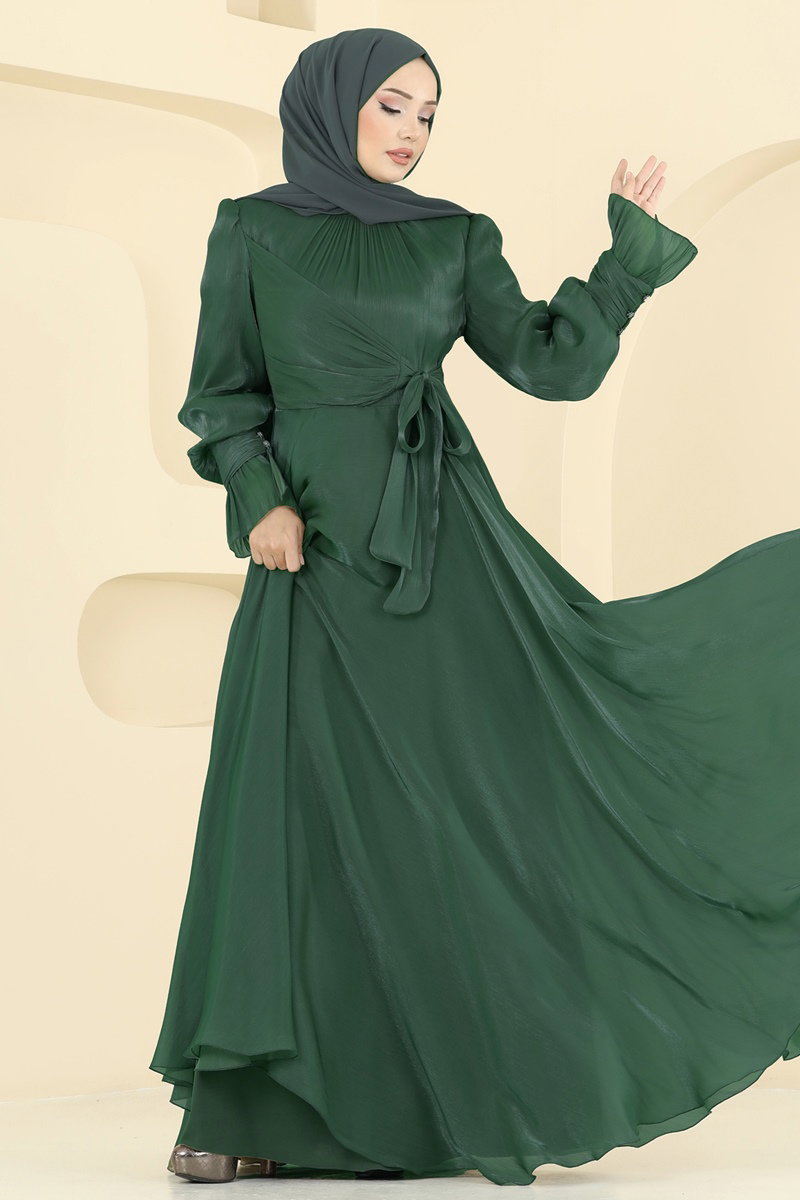 Manşeti Düğmeli Organze Abiye 2826ELC1143 Zümrüt