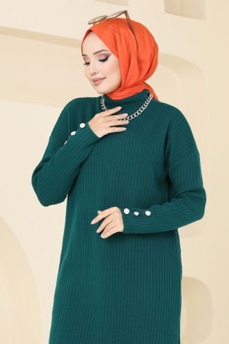 moda selvim Manşeti Düğmeli Triko Tunik 1032KLN570 Zümrüt - Thumbnail